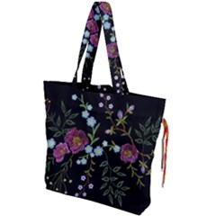 Embroidery-trend-floral-pattern-small-branches-herb-rose Drawstring Tote Bag by Salman4z