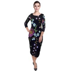 Embroidery-trend-floral-pattern-small-branches-herb-rose Quarter Sleeve Midi Velour Bodycon Dress by Salman4z