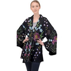 Embroidery-trend-floral-pattern-small-branches-herb-rose Long Sleeve Velvet Kimono  by Salman4z