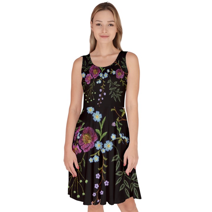 Embroidery-trend-floral-pattern-small-branches-herb-rose Knee Length Skater Dress With Pockets