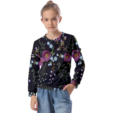 Embroidery-trend-floral-pattern-small-branches-herb-rose Kids  Long Sleeve Tee With Frill  by Salman4z