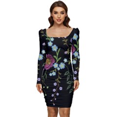 Embroidery-trend-floral-pattern-small-branches-herb-rose Women Long Sleeve Ruched Stretch Jersey Dress by Salman4z