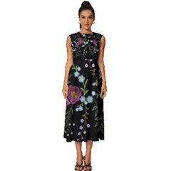 Embroidery-trend-floral-pattern-small-branches-herb-rose Sleeveless Round Neck Midi Dress by Salman4z