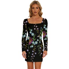 Embroidery-trend-floral-pattern-small-branches-herb-rose Long Sleeve Square Neck Bodycon Velvet Dress by Salman4z