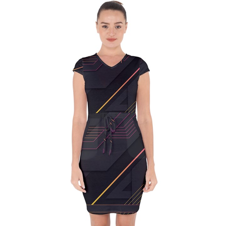 Gradient-geometric-shapes-dark-background Capsleeve Drawstring Dress 