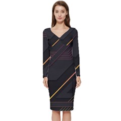 Gradient-geometric-shapes-dark-background Long Sleeve V-neck Bodycon Dress  by Salman4z