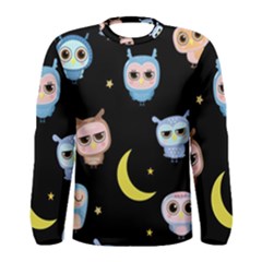 Cute-owl-doodles-with-moon-star-seamless-pattern Men s Long Sleeve Tee by Salman4z