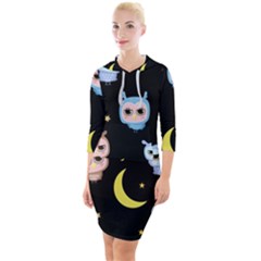 Cute-owl-doodles-with-moon-star-seamless-pattern Quarter Sleeve Hood Bodycon Dress by Salman4z