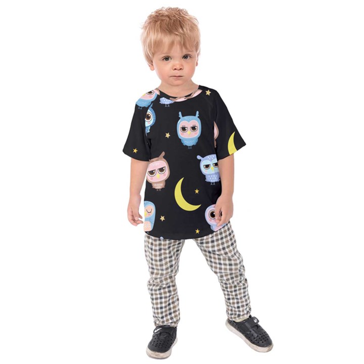 Cute-owl-doodles-with-moon-star-seamless-pattern Kids  Raglan Tee