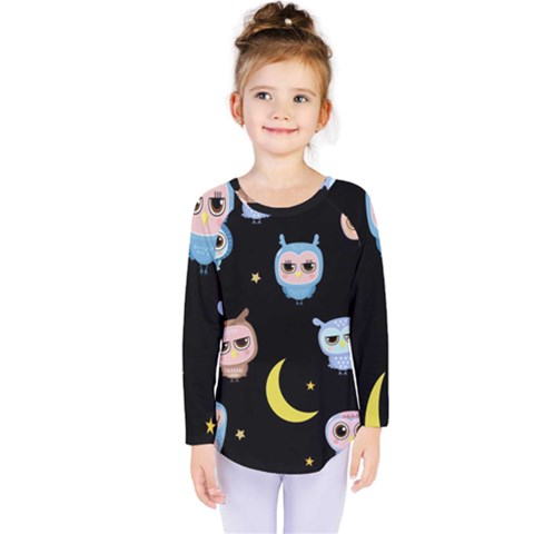 Cute-owl-doodles-with-moon-star-seamless-pattern Kids  Long Sleeve Tee by Salman4z