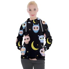 Cute-owl-doodles-with-moon-star-seamless-pattern Women s Hooded Pullover by Salman4z