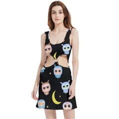 Cute-owl-doodles-with-moon-star-seamless-pattern Velour Cutout Dress