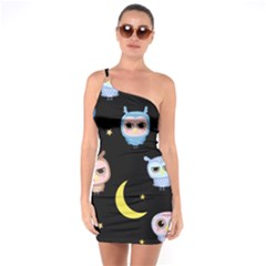 Cute-owl-doodles-with-moon-star-seamless-pattern One Shoulder Ring Trim Bodycon Dress by Salman4z