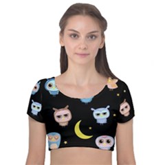 Cute-owl-doodles-with-moon-star-seamless-pattern Velvet Short Sleeve Crop Top  by Salman4z