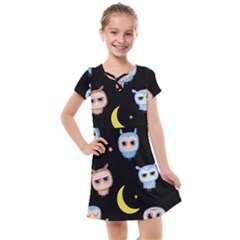 Cute-owl-doodles-with-moon-star-seamless-pattern Kids  Cross Web Dress by Salman4z