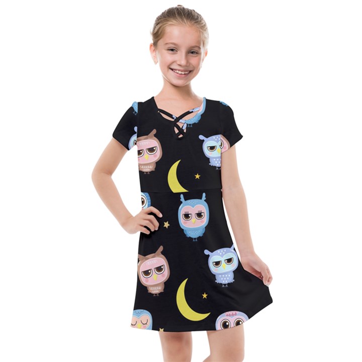 Cute-owl-doodles-with-moon-star-seamless-pattern Kids  Cross Web Dress