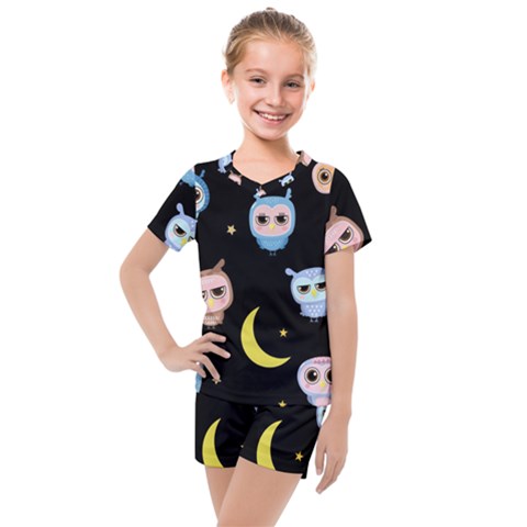 Cute-owl-doodles-with-moon-star-seamless-pattern Kids  Mesh Tee And Shorts Set by Salman4z