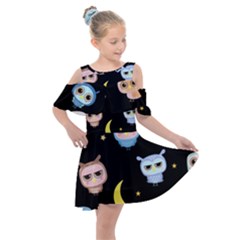 Cute-owl-doodles-with-moon-star-seamless-pattern Kids  Shoulder Cutout Chiffon Dress by Salman4z