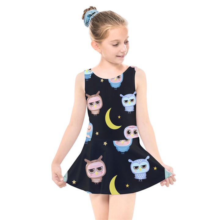 Cute-owl-doodles-with-moon-star-seamless-pattern Kids  Skater Dress Swimsuit