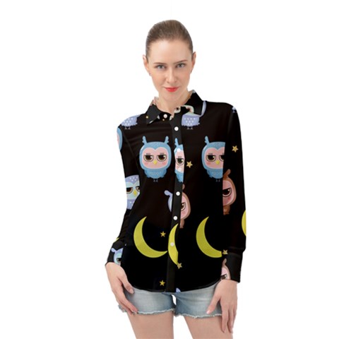 Cute-owl-doodles-with-moon-star-seamless-pattern Long Sleeve Chiffon Shirt by Salman4z