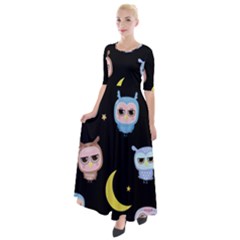 Cute-owl-doodles-with-moon-star-seamless-pattern Half Sleeves Maxi Dress by Salman4z