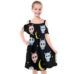 Cute-owl-doodles-with-moon-star-seamless-pattern Kids  Cut Out Shoulders Chiffon Dress by Salman4z