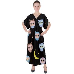 Cute-owl-doodles-with-moon-star-seamless-pattern V-neck Boho Style Maxi Dress by Salman4z