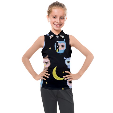 Cute-owl-doodles-with-moon-star-seamless-pattern Kids  Sleeveless Polo Tee by Salman4z