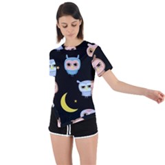 Cute-owl-doodles-with-moon-star-seamless-pattern Asymmetrical Short Sleeve Sports Tee by Salman4z