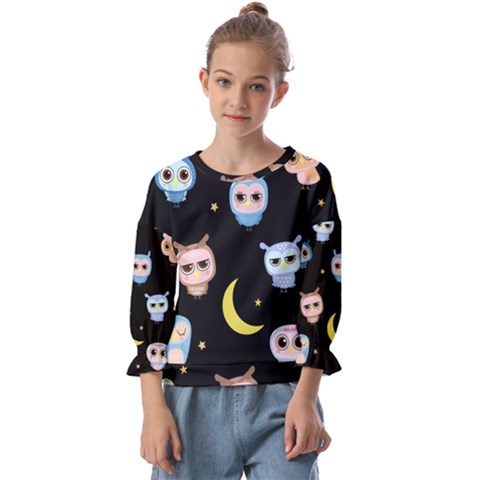 Cute-owl-doodles-with-moon-star-seamless-pattern Kids  Cuff Sleeve Top by Salman4z