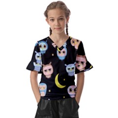 Cute-owl-doodles-with-moon-star-seamless-pattern Kids  V-neck Horn Sleeve Blouse by Salman4z