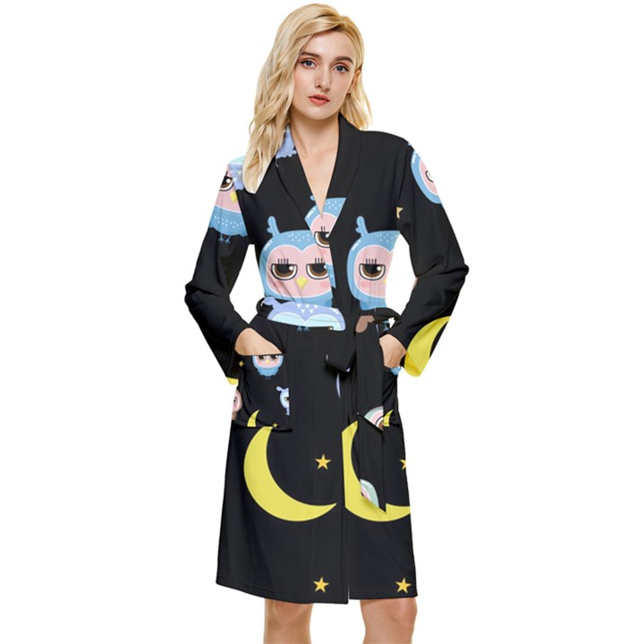 Cute-owl-doodles-with-moon-star-seamless-pattern Long Sleeve Velvet Robe