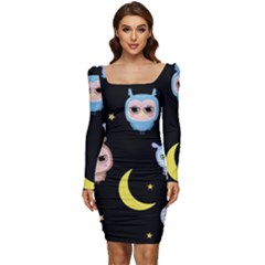 Cute-owl-doodles-with-moon-star-seamless-pattern Women Long Sleeve Ruched Stretch Jersey Dress by Salman4z