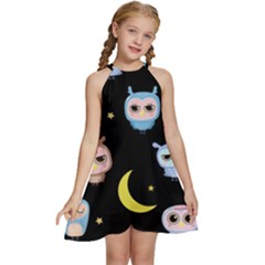 Cute-owl-doodles-with-moon-star-seamless-pattern Kids  Halter Collar Waist Tie Chiffon Dress by Salman4z