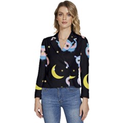 Cute-owl-doodles-with-moon-star-seamless-pattern Women s Long Sleeve Revers Collar Cropped Jacket by Salman4z