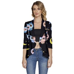 Cute-owl-doodles-with-moon-star-seamless-pattern Women s 3/4 Sleeve Ruffle Edge Open Front Jacket by Salman4z