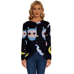 Cute-owl-doodles-with-moon-star-seamless-pattern Long Sleeve Crew Neck Pullover Top by Salman4z