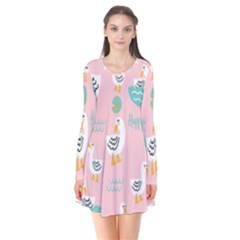 Cute-happy-duck-gift-card-design-seamless-pattern-template Long Sleeve V-neck Flare Dress by Salman4z