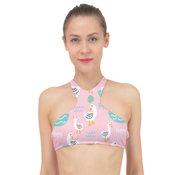 Cute-happy-duck-gift-card-design-seamless-pattern-template High Neck Bikini Top