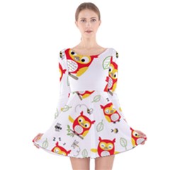 Seamless-pattern-vector-owl-cartoon-with-bugs Long Sleeve Velvet Skater Dress by Salman4z