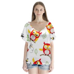 Seamless-pattern-vector-owl-cartoon-with-bugs V-neck Flutter Sleeve Top by Salman4z