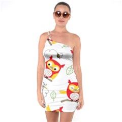 Seamless-pattern-vector-owl-cartoon-with-bugs One Shoulder Ring Trim Bodycon Dress by Salman4z