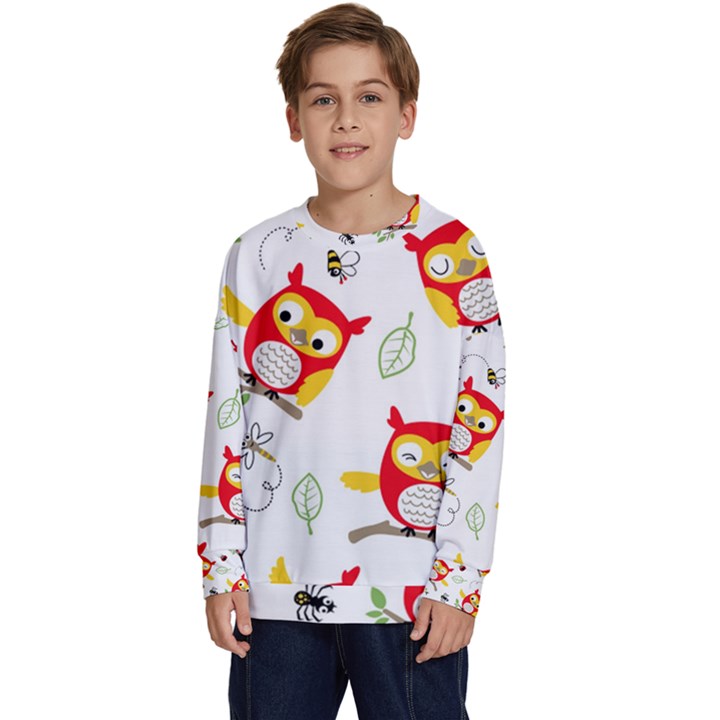 Seamless-pattern-vector-owl-cartoon-with-bugs Kids  Long Sleeve Jersey