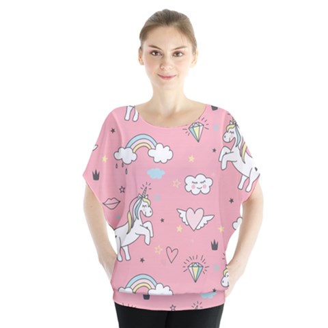 Cute-unicorn-seamless-pattern Batwing Chiffon Blouse by Salman4z