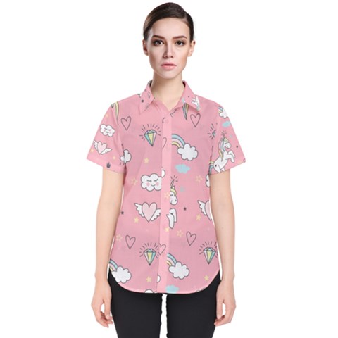 Cute-unicorn-seamless-pattern Women s Short Sleeve Shirt by Salman4z