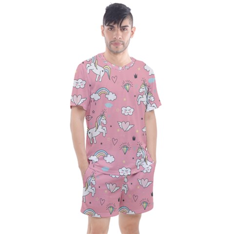 Cute-unicorn-seamless-pattern Men s Mesh Tee And Shorts Set by Salman4z