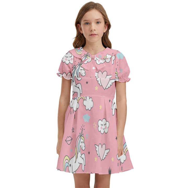 Cute-unicorn-seamless-pattern Kids  Bow Tie Puff Sleeve Dress