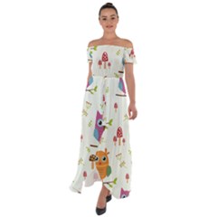 Forest-seamless-pattern-with-cute-owls Off Shoulder Open Front Chiffon Dress by Salman4z