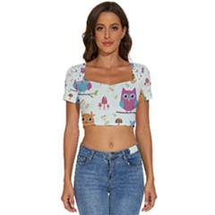 Forest-seamless-pattern-with-cute-owls Short Sleeve Square Neckline Crop Top  by Salman4z