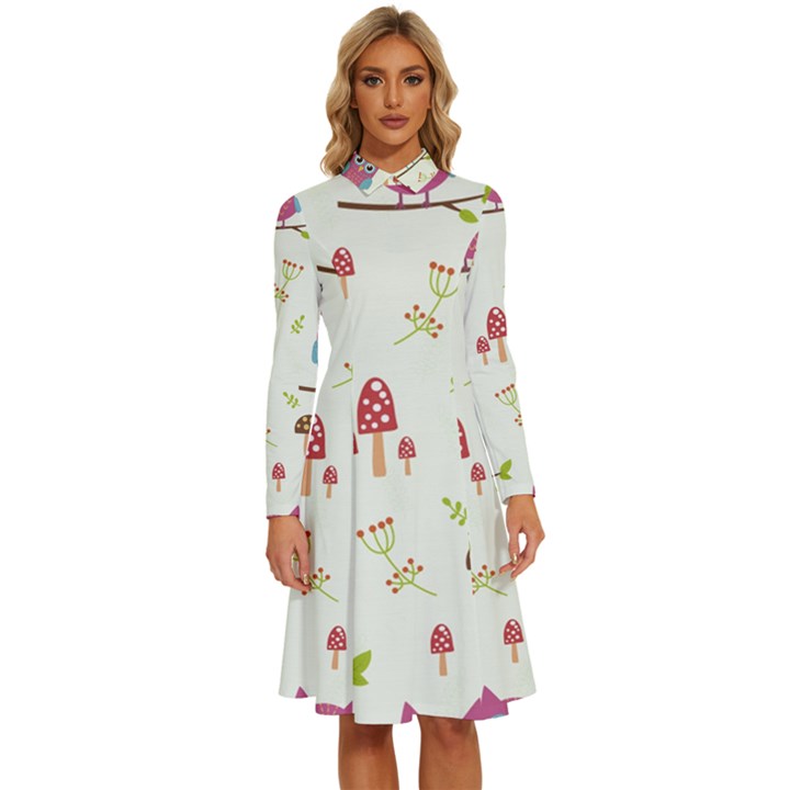 Forest-seamless-pattern-with-cute-owls Long Sleeve Shirt Collar A-Line Dress